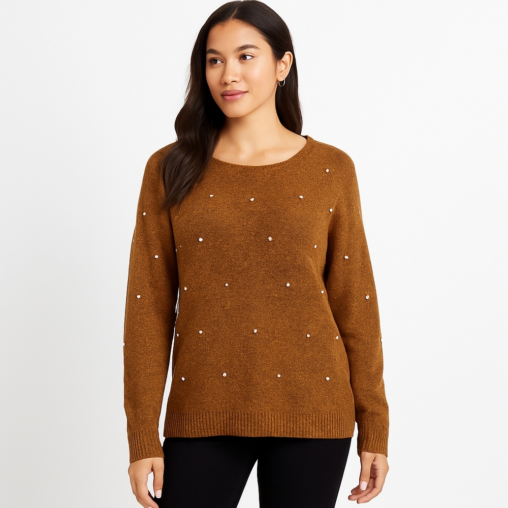 DEX Sweater Womens Medium Brown Pearl Embellished Pullover Knit Cozy Fall NEW